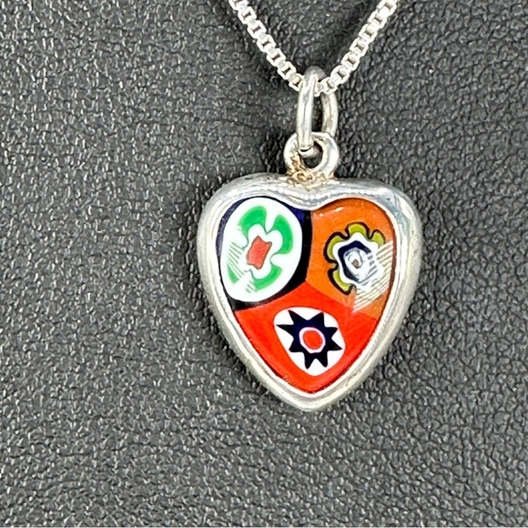 Vintage Millefiori Heart Necklace Italian 925 Sterling Silver Box Chain Red Blue - Picture 4 of 11